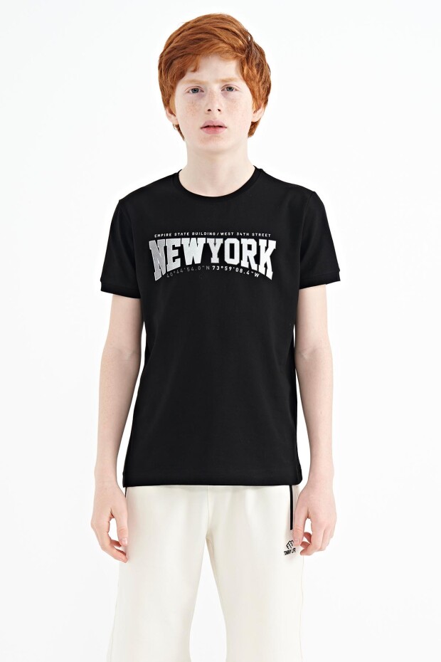Siyah Yazı Baskılı Standart Kalıp O Yaka Erkek Çocuk T-Shirt - 11105