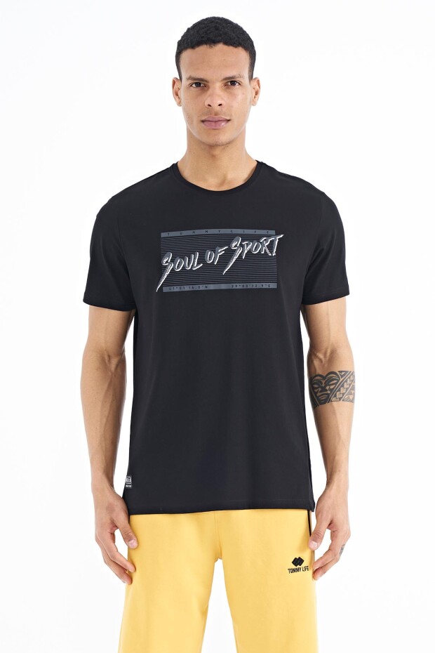 Siyah Yazı Desen Baskılı Standart Kalıp O Yaka Erkek T-Shirt - 88172