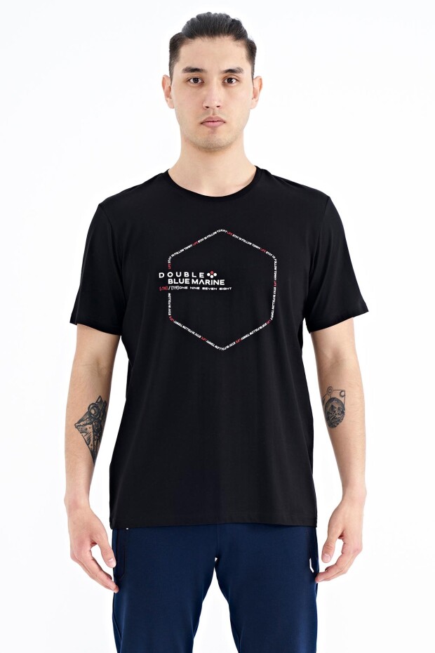 Siyah Yazı Geometri Basklı Standart Kalıp Erkek T-shirt - 88198