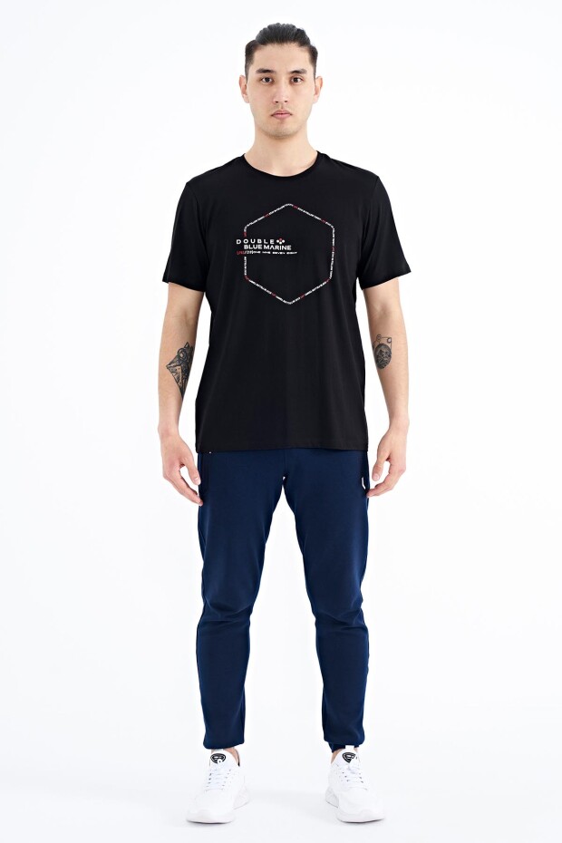 Siyah Yazı Geometri Basklı Standart Kalıp Erkek T-shirt - 88198