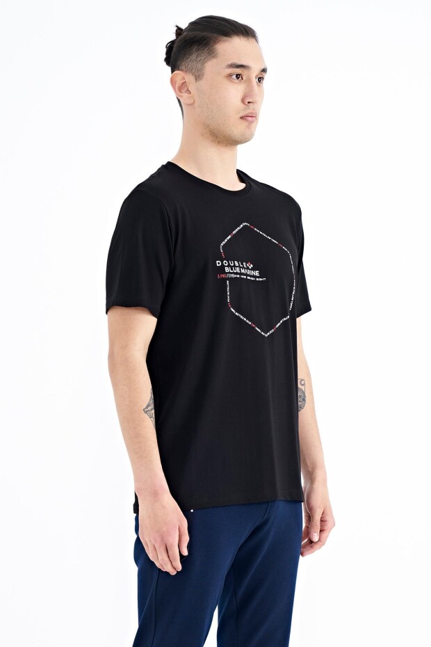 Siyah Yazı Geometri Basklı Standart Kalıp Erkek T-shirt - 88198