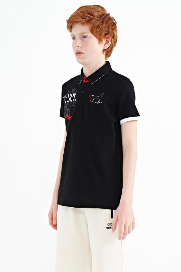 Siyah Yazı Nakış Detaylı Standart Kalıp Polo Yaka Erkek Çocuk T-Shirt - 11085