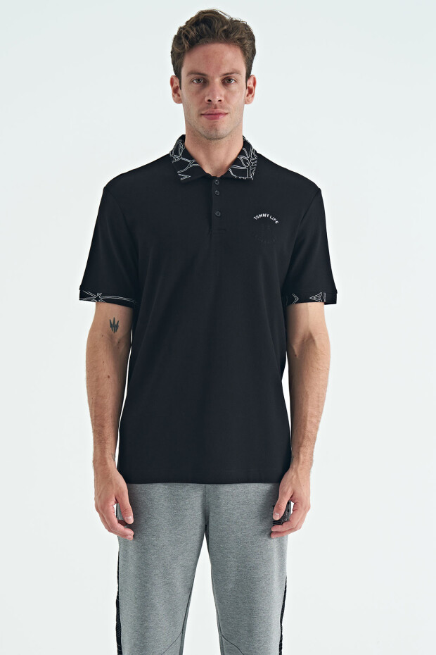 Siyah Yazı Nakışlı Baskı Detaylı Standart Kalıp Polo Yaka Erkek T-Shirt - 88239 - 1