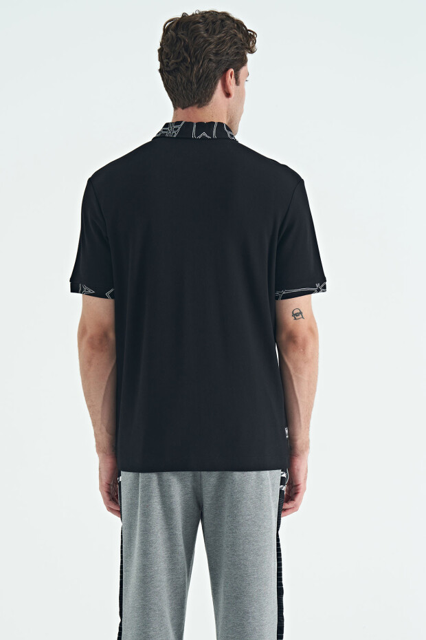 Siyah Yazı Nakışlı Baskı Detaylı Standart Kalıp Polo Yaka Erkek T-Shirt - 88239 - 6