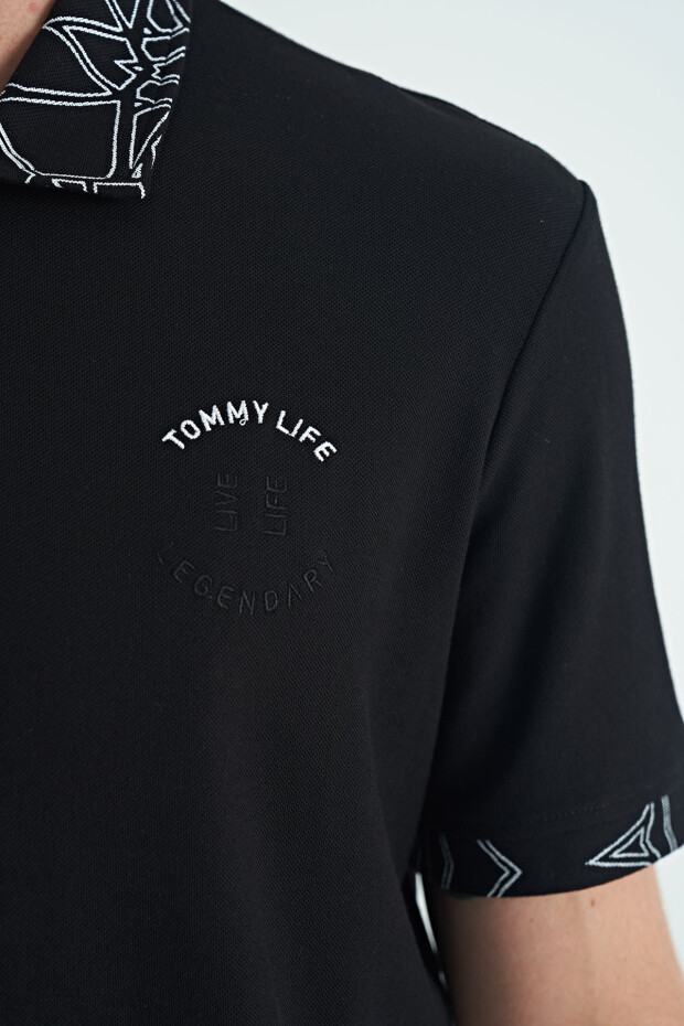 Siyah Yazı Nakışlı Baskı Detaylı Standart Kalıp Polo Yaka Erkek T-Shirt - 88239 - 5