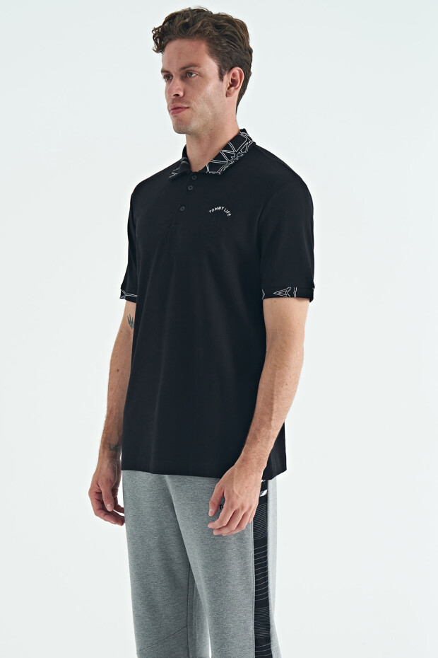 Siyah Yazı Nakışlı Baskı Detaylı Standart Kalıp Polo Yaka Erkek T-Shirt - 88239
