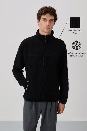 Siyah Yazı Nakışlı Dik Yaka Fermuarlı Standart Kalıp Erkek Sweatshirt Polar - 87992 