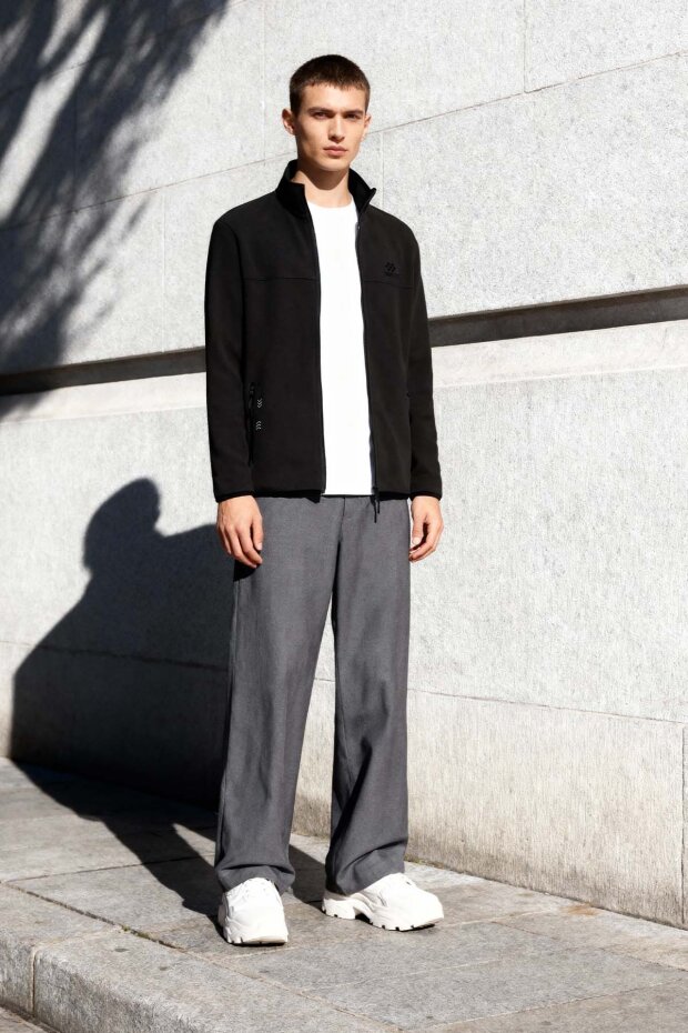 Siyah Yazı Nakışlı Dik Yaka Fermuarlı Standart Kalıp Erkek Sweatshirt Polar - 87992 - 1