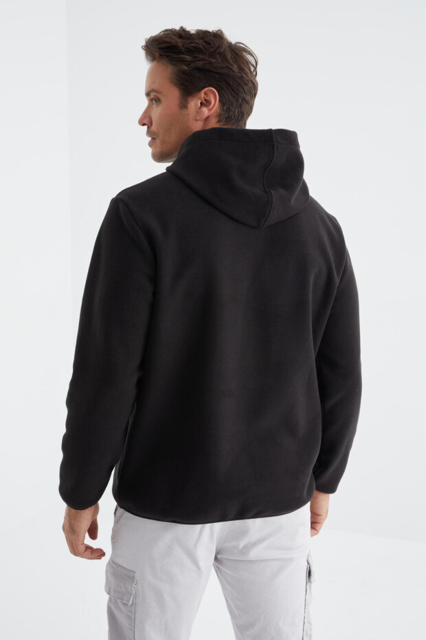 Siyah Yazı Nakışlı Kanguru Cepli Kapüşonlu Standart Kalıp Erkek Polar Sweatshirt - 88156