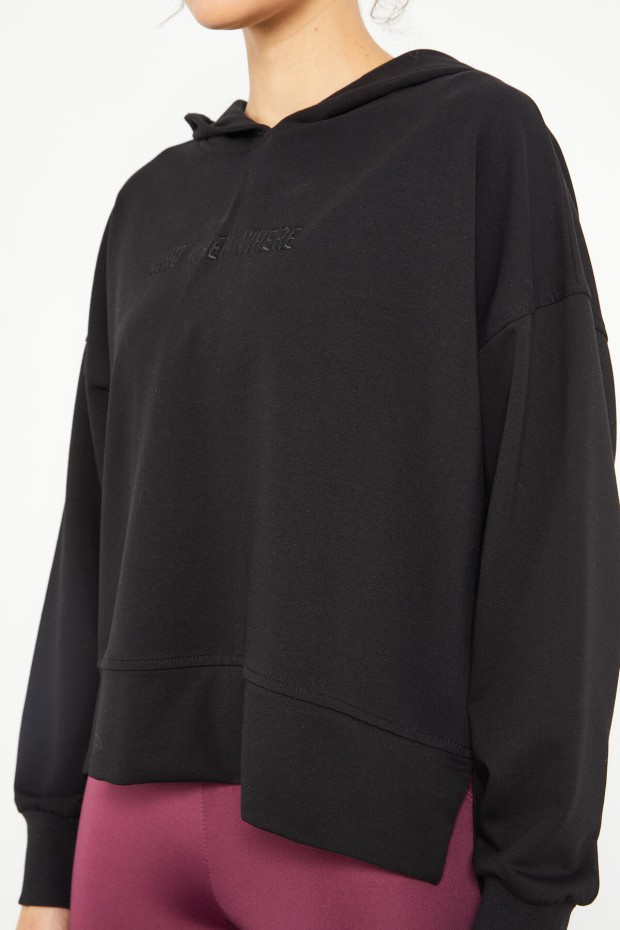 Siyah Yazı Nakışlı Kapüşonlu Basic Kadın Oversize Sweatshirt - 97164