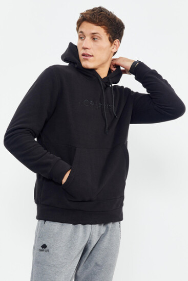 Siyah Yazı Nakışlı Kapüşonlu Rahat Form Erkek Polar Sweatshirt - 88000 