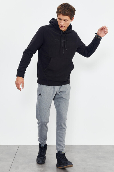 Siyah Yazı Nakışlı Kapüşonlu Rahat Form Erkek Polar Sweatshirt - 88000 - 2