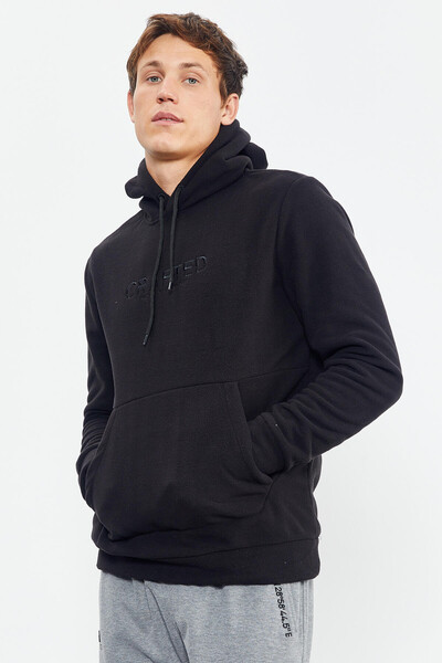 Siyah Yazı Nakışlı Kapüşonlu Rahat Form Erkek Polar Sweatshirt - 88000 - 3
