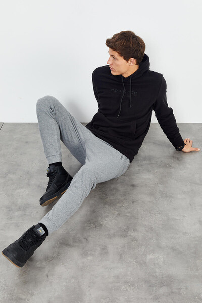 Siyah Yazı Nakışlı Kapüşonlu Rahat Form Erkek Polar Sweatshirt - 88000 - 4