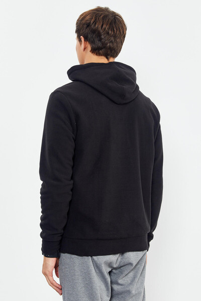 Siyah Yazı Nakışlı Kapüşonlu Rahat Form Erkek Polar Sweatshirt - 88000 - 5