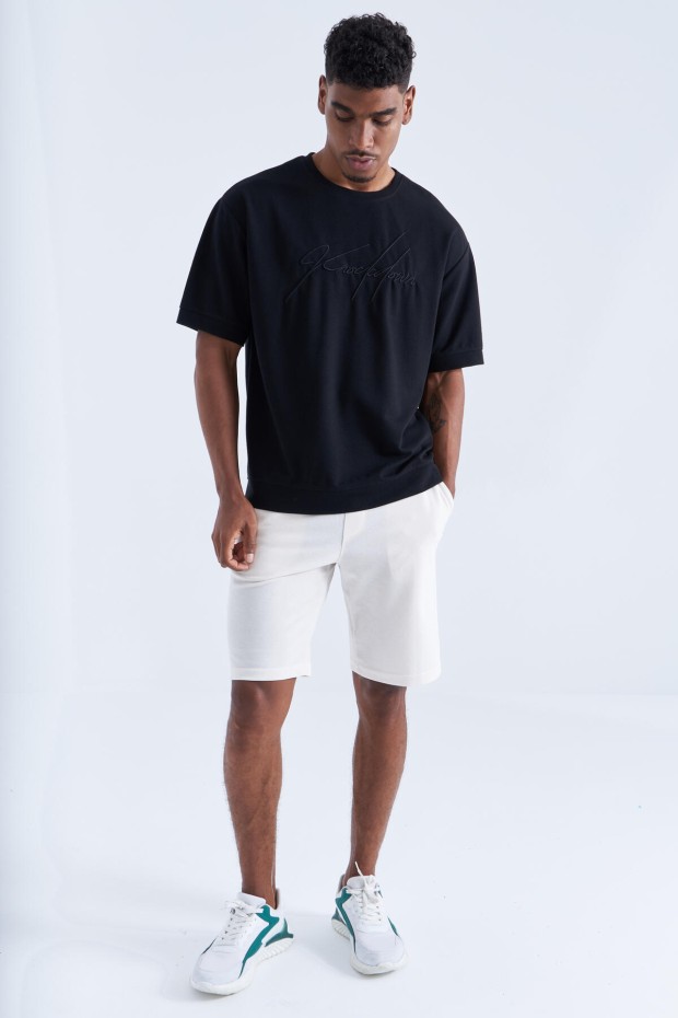 Siyah Yazı Nakışlı O Yaka Erkek Oversize T-Shirt - 88102