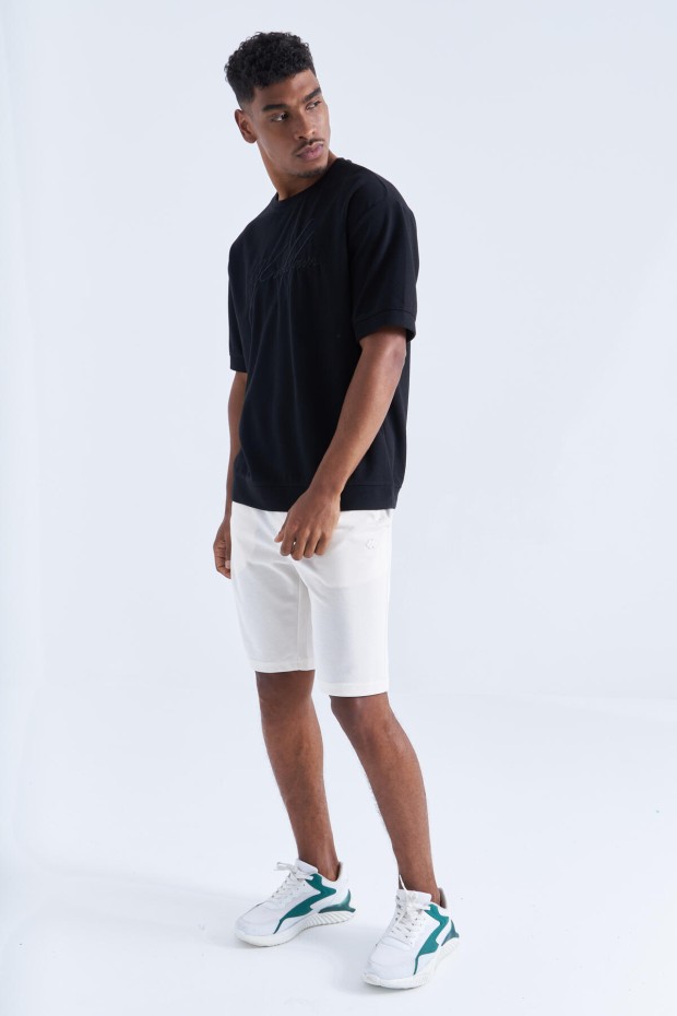 Siyah Yazı Nakışlı O Yaka Erkek Oversize T-Shirt - 88102