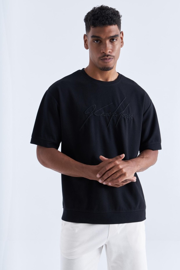 Siyah Yazı Nakışlı O Yaka Erkek Oversize T-Shirt - 88102
