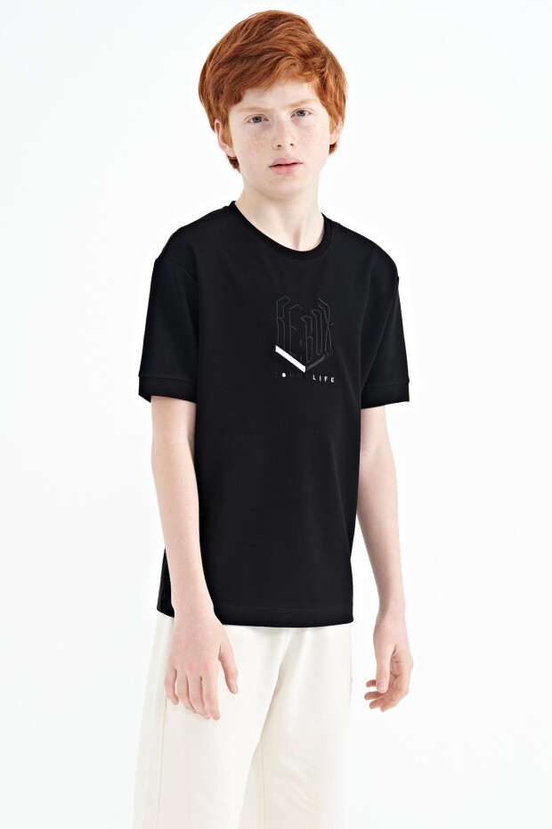 Siyah Yazı Nakışlı O Yaka Oversize Erkek Çocuk T-Shirt - 11151
