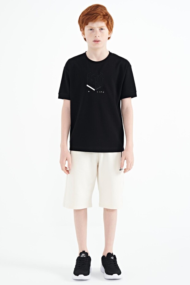Siyah Yazı Nakışlı O Yaka Oversize Erkek Çocuk T-Shirt - 11151