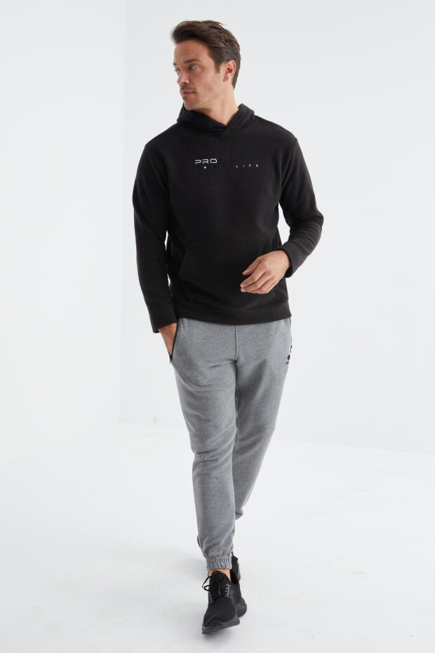 Siyah Yazı Nakışlı Standart Kalıp Kapüşonlu Erkek Polar Sweatshirt - 88154