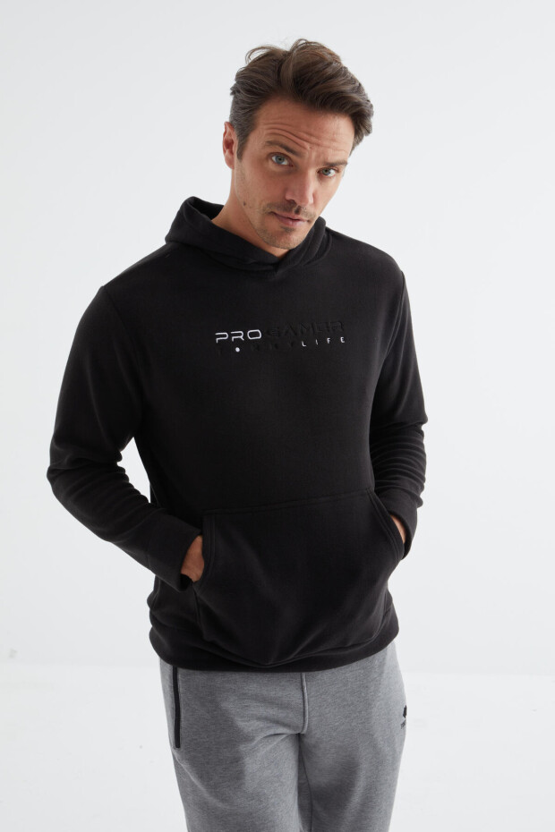 Siyah Yazı Nakışlı Standart Kalıp Kapüşonlu Erkek Polar Sweatshirt - 88154