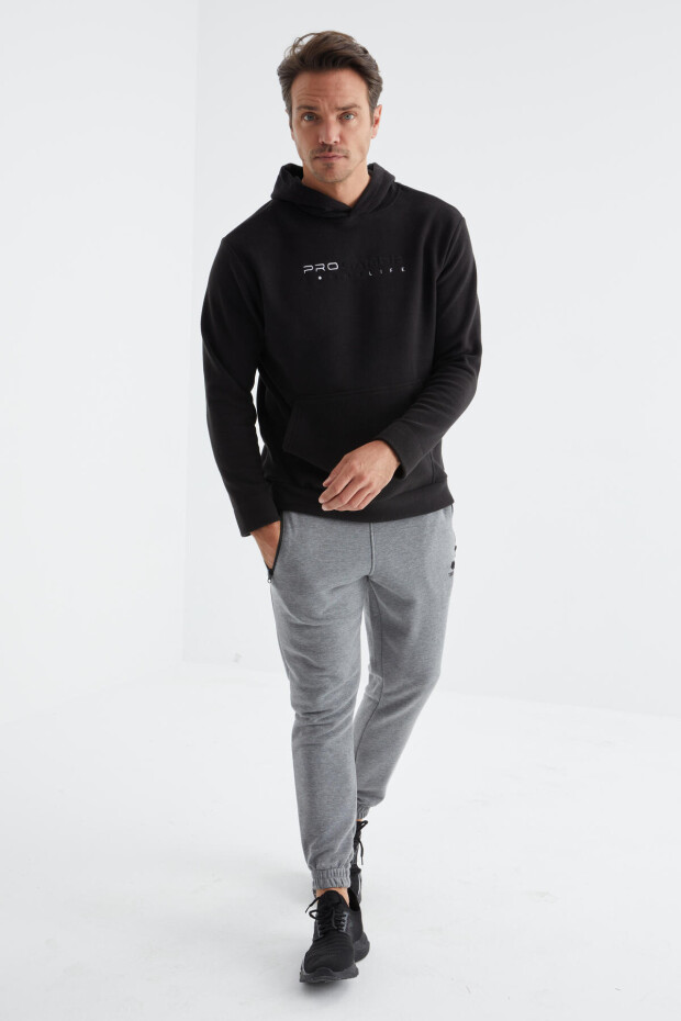 Siyah Yazı Nakışlı Standart Kalıp Kapüşonlu Erkek Polar Sweatshirt - 88154