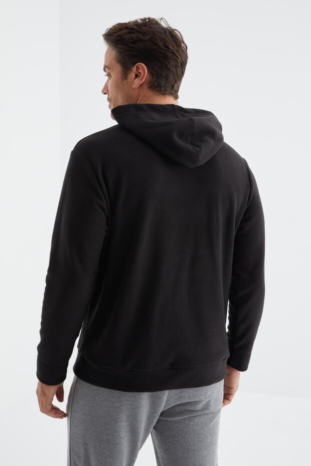 Siyah Yazı Nakışlı Standart Kalıp Kapüşonlu Erkek Polar Sweatshirt - 88154