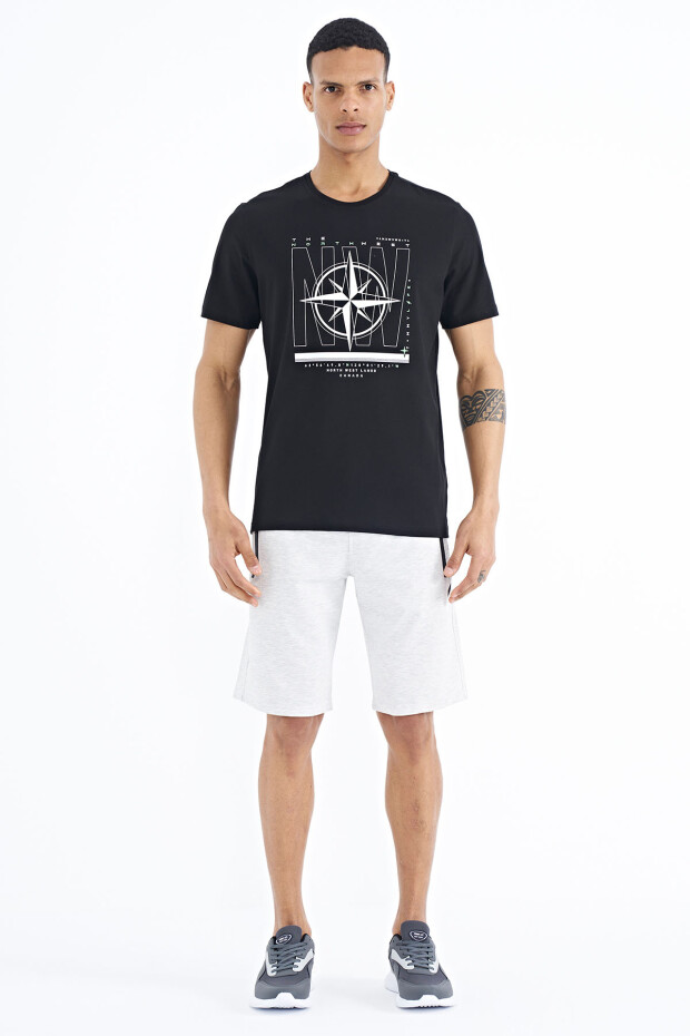 Siyah Yazı ve Pusula Baskılı Standart Kalıp O Yaka Erkek T-Shirt - 88173