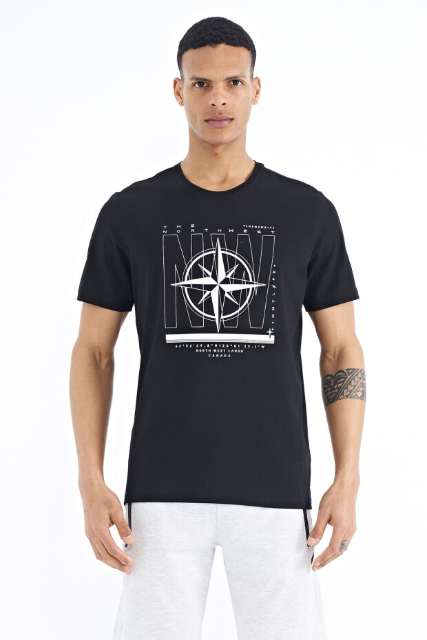 Siyah Yazı ve Pusula Baskılı Standart Kalıp O Yaka Erkek T-Shirt - 88173