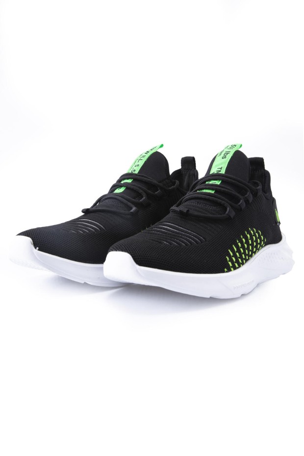 Siyah - Yeşil Lastik Bağcıklı Çizgi Detaylı Yüksek Taban Erkek Spor Ayakkabı - 89067
