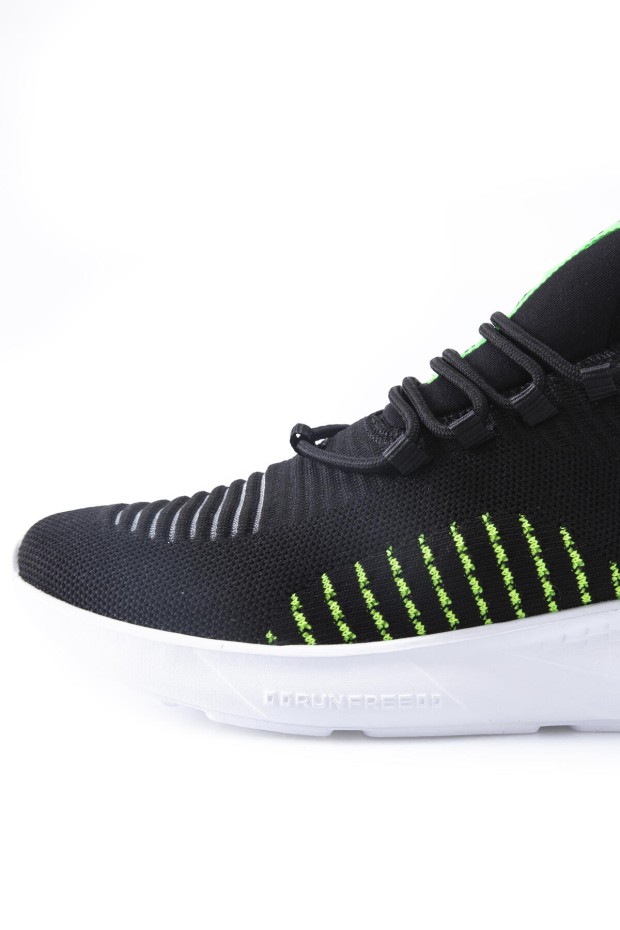 Siyah - Yeşil Lastik Bağcıklı Çizgi Detaylı Yüksek Taban Erkek Spor Ayakkabı - 89067