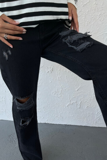 Siyah Yırtık Kadın Kot Pantolon - 02038 - Thumbnail