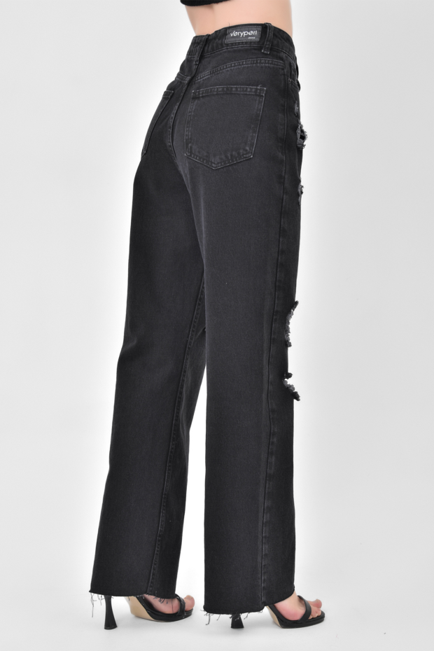 Siyah Yırtık Klasik Paça Kadın Pantolon - 02039