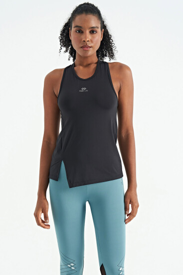 Siyah Yırtmaç Detaylı O Yaka Sıfır Kollu Standart Kalıp Kadın Spor Atlet - 97256 - TOMMYLIFE (1)