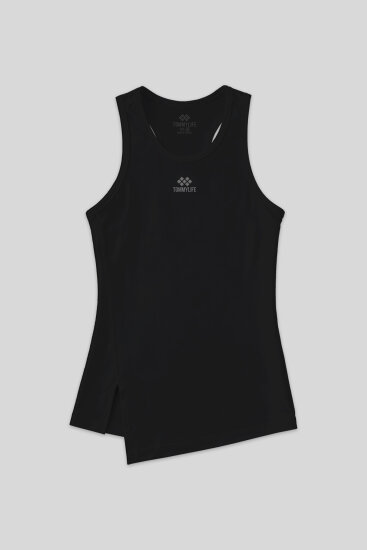 Siyah Yırtmaç Detaylı O Yaka Sıfır Kollu Standart Kalıp Kadın Spor Atlet - 97256 