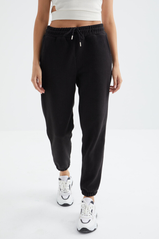 Siyah Yüksek Bel Basic Bağcıklı Jogger Polar Kadın Eşofman Alt - 94622 - 4