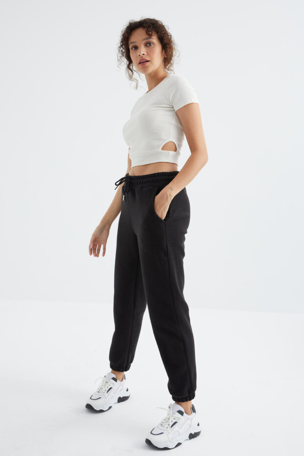 Siyah Yüksek Bel Basic Bağcıklı Jogger Polar Kadın Eşofman Alt - 94622 - 5