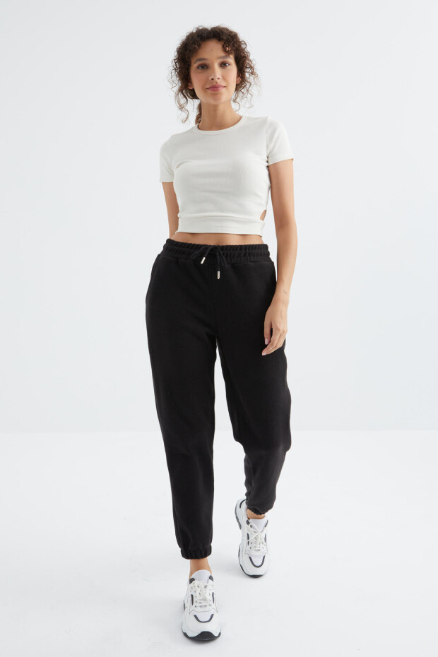 Siyah Yüksek Bel Basic Bağcıklı Jogger Polar Kadın Eşofman Alt - 94622 - 6