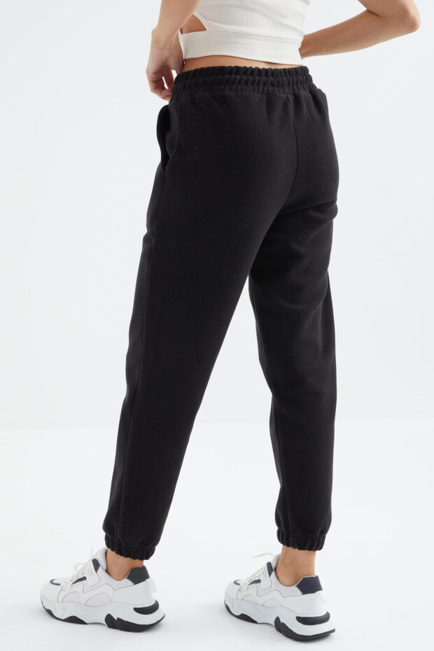 Siyah Yüksek Bel Basic Bağcıklı Jogger Polar Kadın Eşofman Alt - 94622 - 8