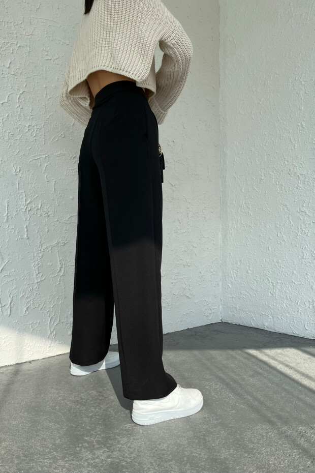 Siyah Yüksek Bel Bol Paça Kadın Kumaş Pantolon - 02048