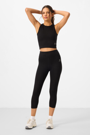Siyah Yüksek Bel Kapri-Crop Atlet Slim Fit Kadın Tayt Takım - 95284 