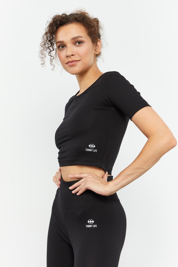 Siyah Yüksek Bel Kapri-Crop T-Shirt Slim Fit Kadın Tayt Takım - 95285