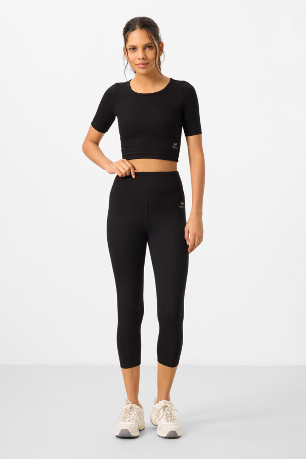 Siyah Yüksek Bel Kapri-Crop T-Shirt Slim Fit Kadın Tayt Takım - 95285 - 3
