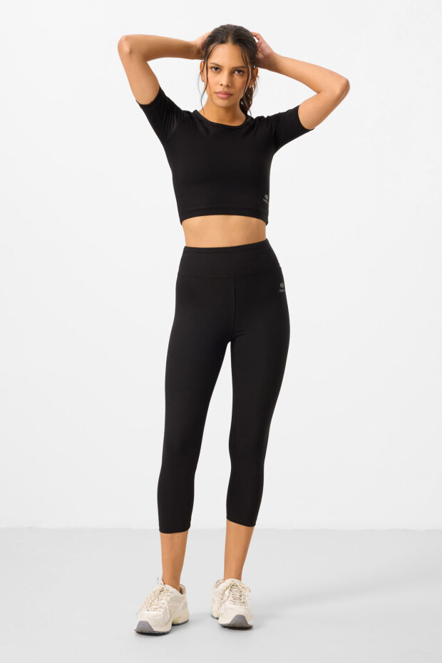 Siyah Yüksek Bel Kapri-Crop T-Shirt Slim Fit Kadın Tayt Takım - 95285 - 1