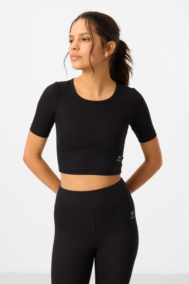 Siyah Yüksek Bel Kapri-Crop T-Shirt Slim Fit Kadın Tayt Takım - 95285 - 5