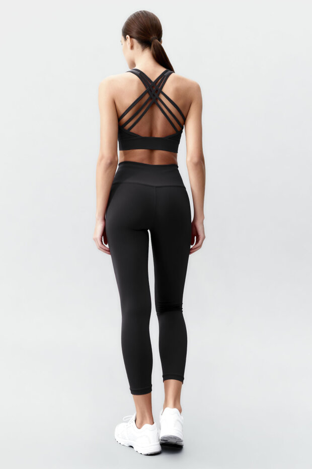 Siyah Yüksek Bel Toparlayıcı Çapraz Sırt Detaylı Slim Fit Kadın Tayt Takım - 95283 - 5