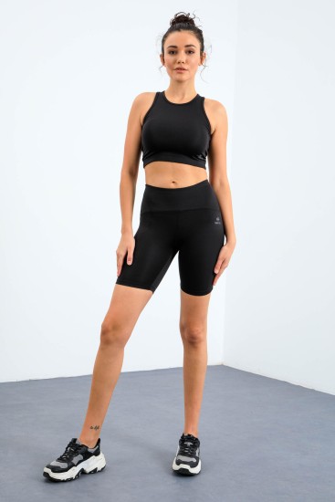 Siyah Yüksek Bel Toparlayıcı Dar Kalıp Crop Biker Kadın Tayt Takım - 95302 - TOMMYLIFE (1)