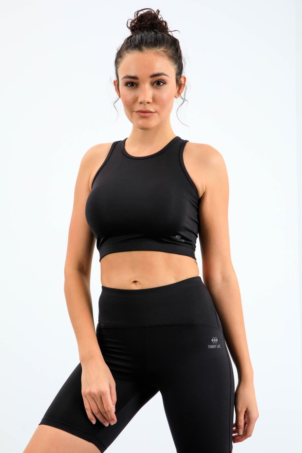 Siyah Yüksek Bel Toparlayıcı Dar Kalıp Crop Biker Kadın Tayt Takım - 95302 - 6