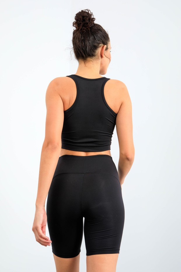 Siyah Yüksek Bel Toparlayıcı Dar Kalıp Crop Biker Kadın Tayt Takım - 95302 - 7